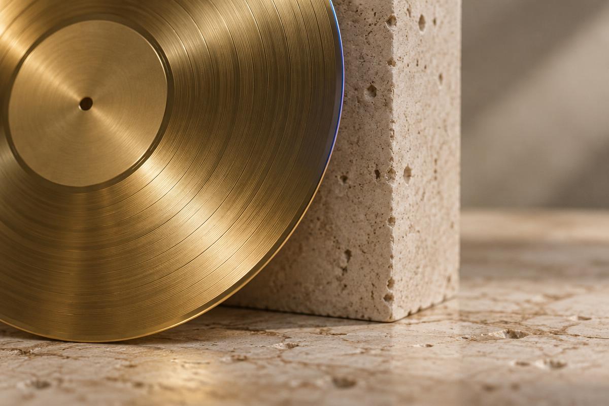 Disque d'or en laiton brossé posé contre un bloc de travertin